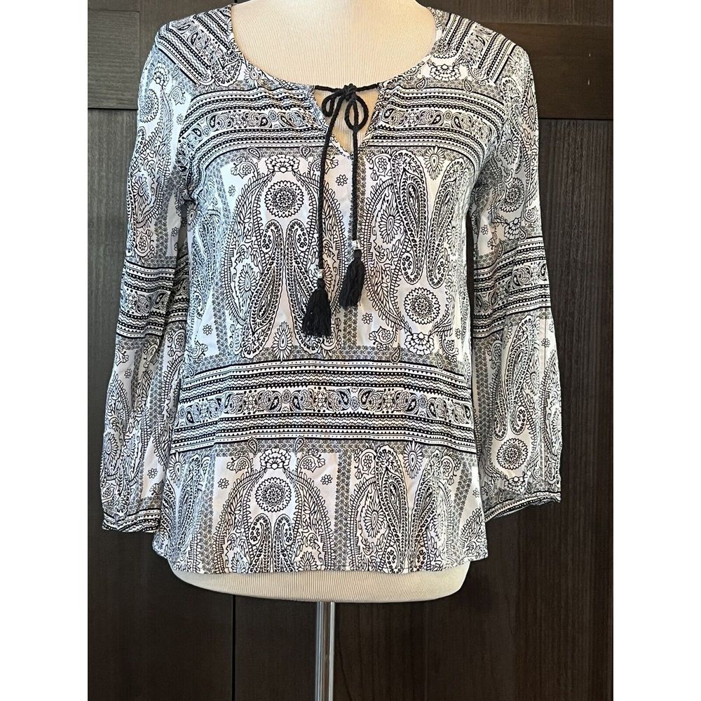 Black Rainn‎ White Black Paisley Shirt Long Sleeve Small Pullover Tasseled